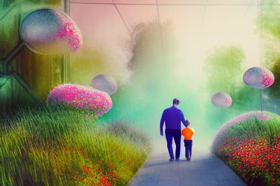 Father and Son in Rococo Futuristic City