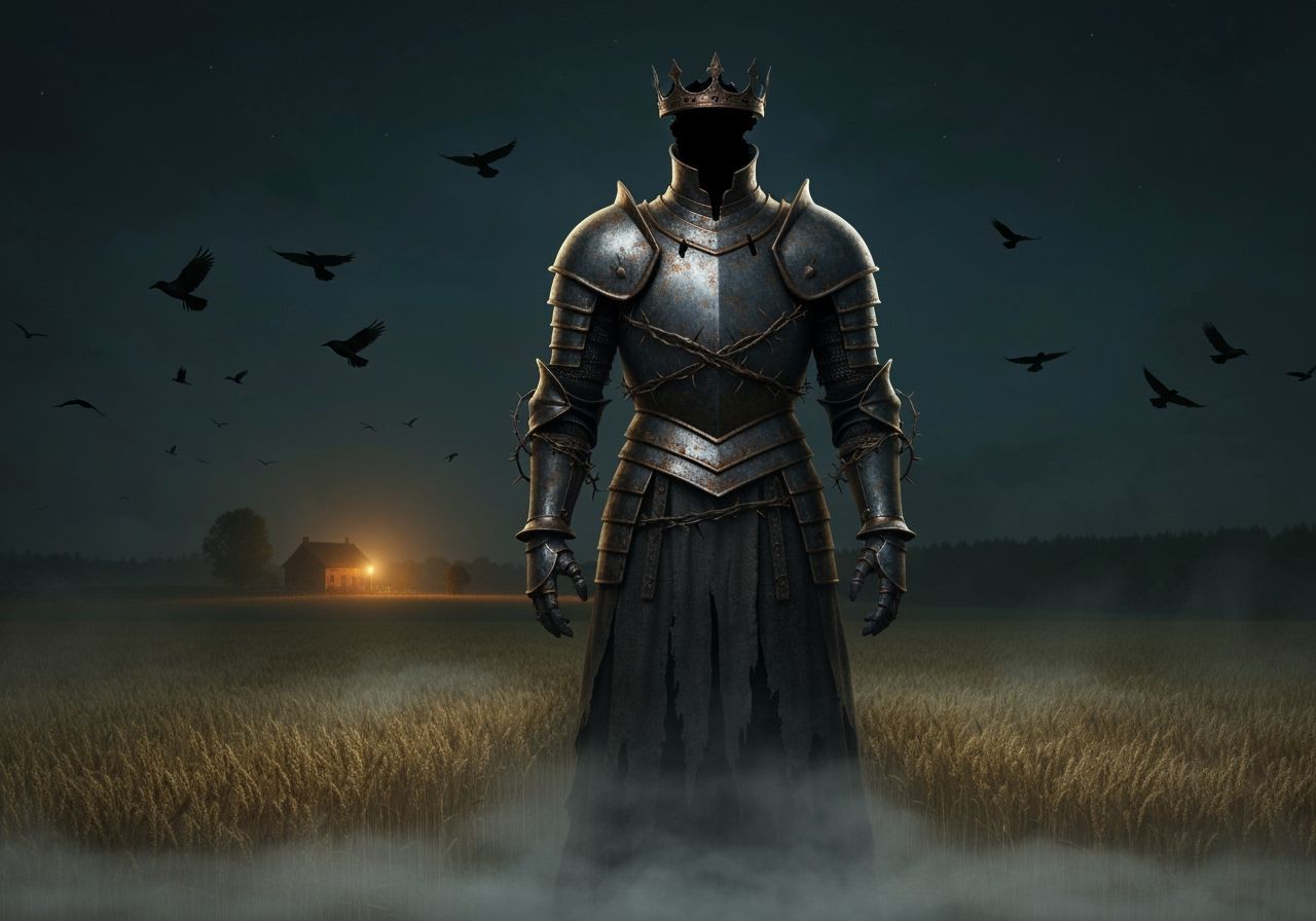 Towering Armored Figure in Wheat Field at Night