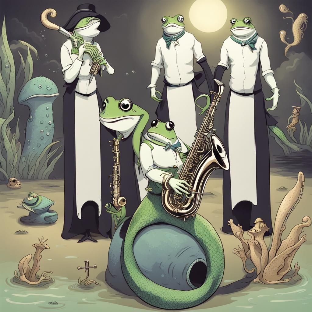 Surreal Ocean Scene: Scary Frog and Mermaid Musician