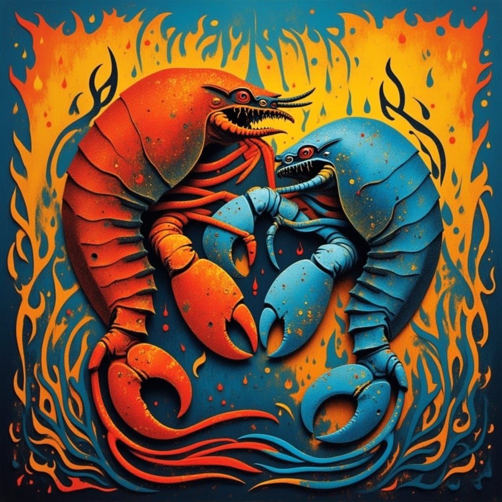 Vibrant Dreamlike Portrait of Intertwined Crustaceans in Abs...