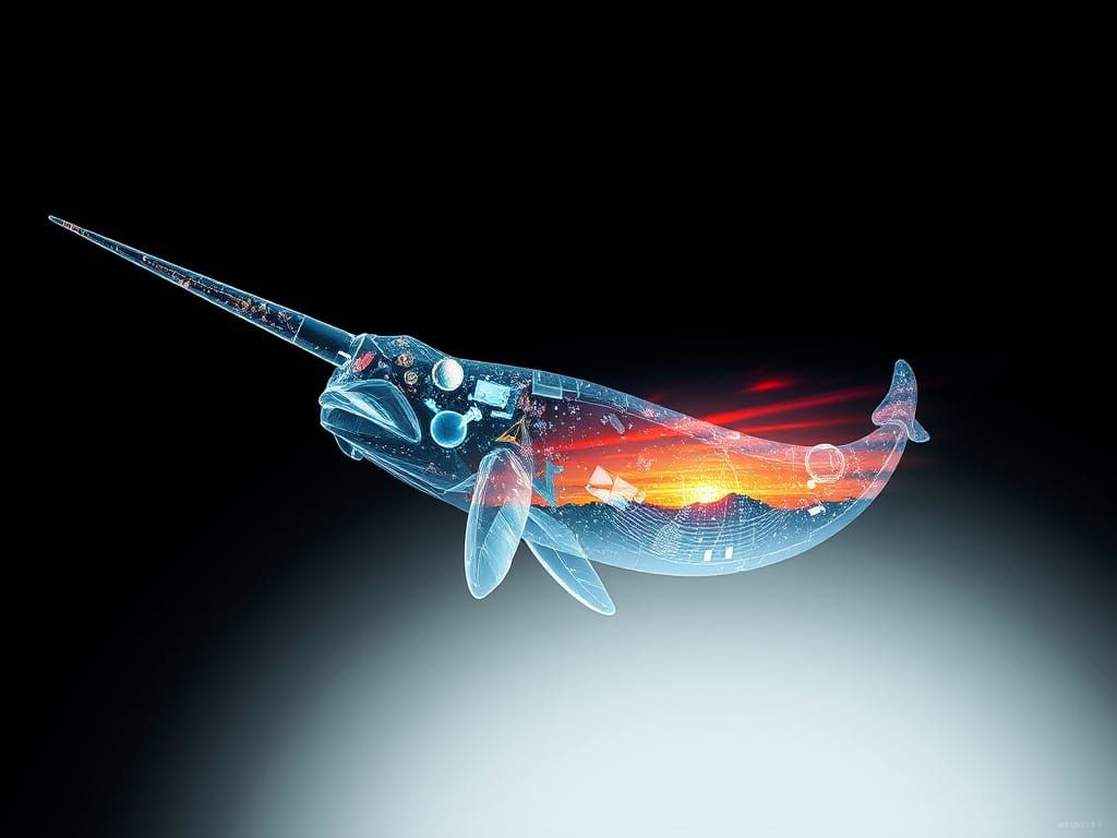 Bioluminescent Narwhal Double Exposure in Surreal Pointillis...