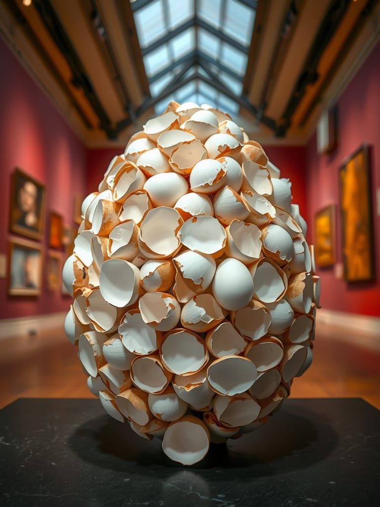Surreal Sculpture of Eggshell Egg in Art Gallery