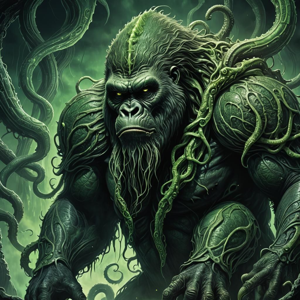 Noble Gorilla Defies Cthulhu in Dark Fantasy Art