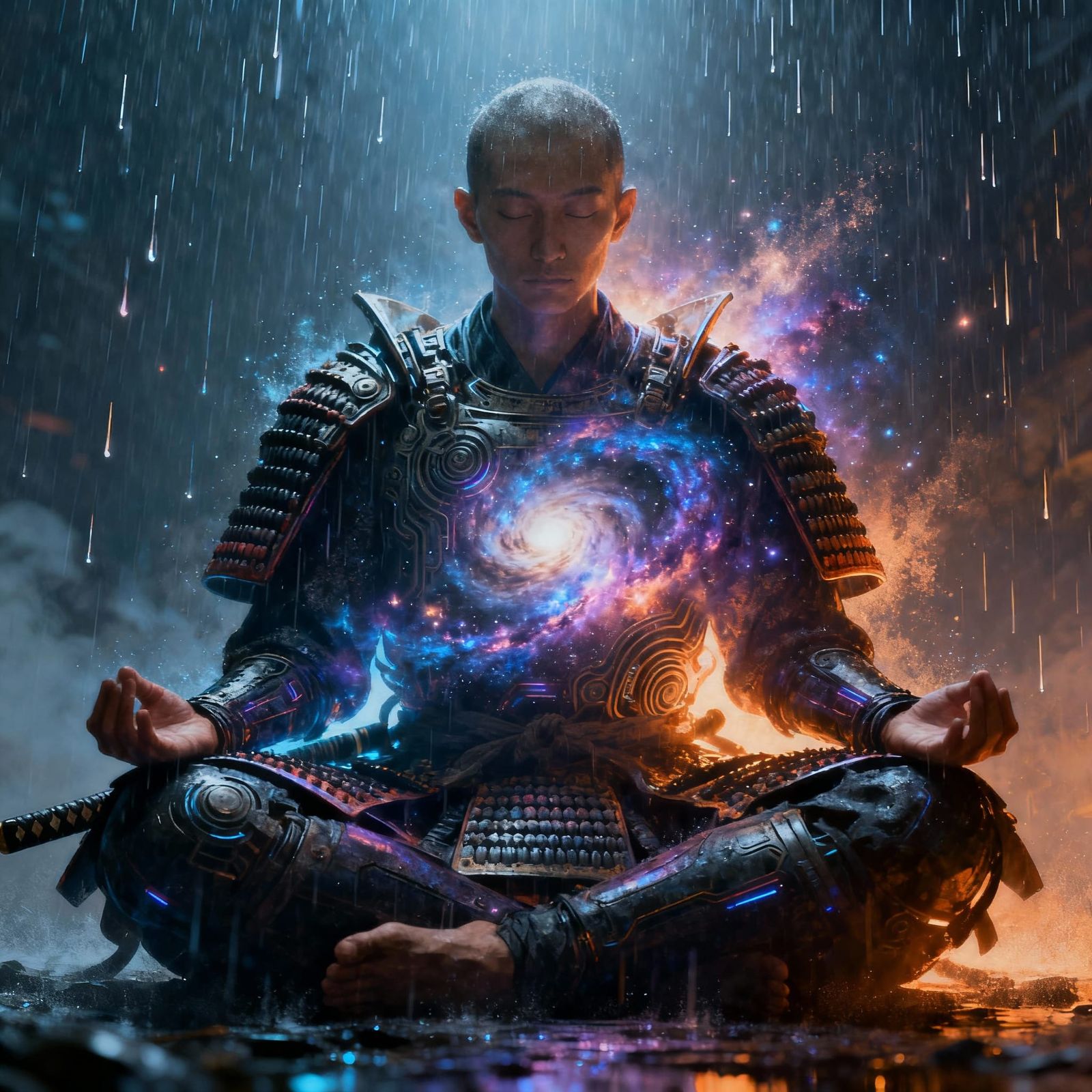 Samurai Meditating in Cosmic Rain