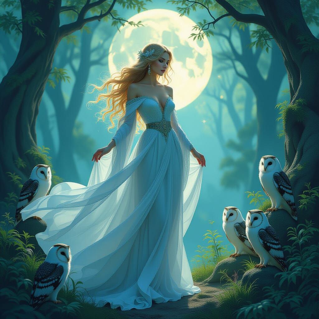 Ethereal Goddess in Ancient Forest, Impressionistic Style