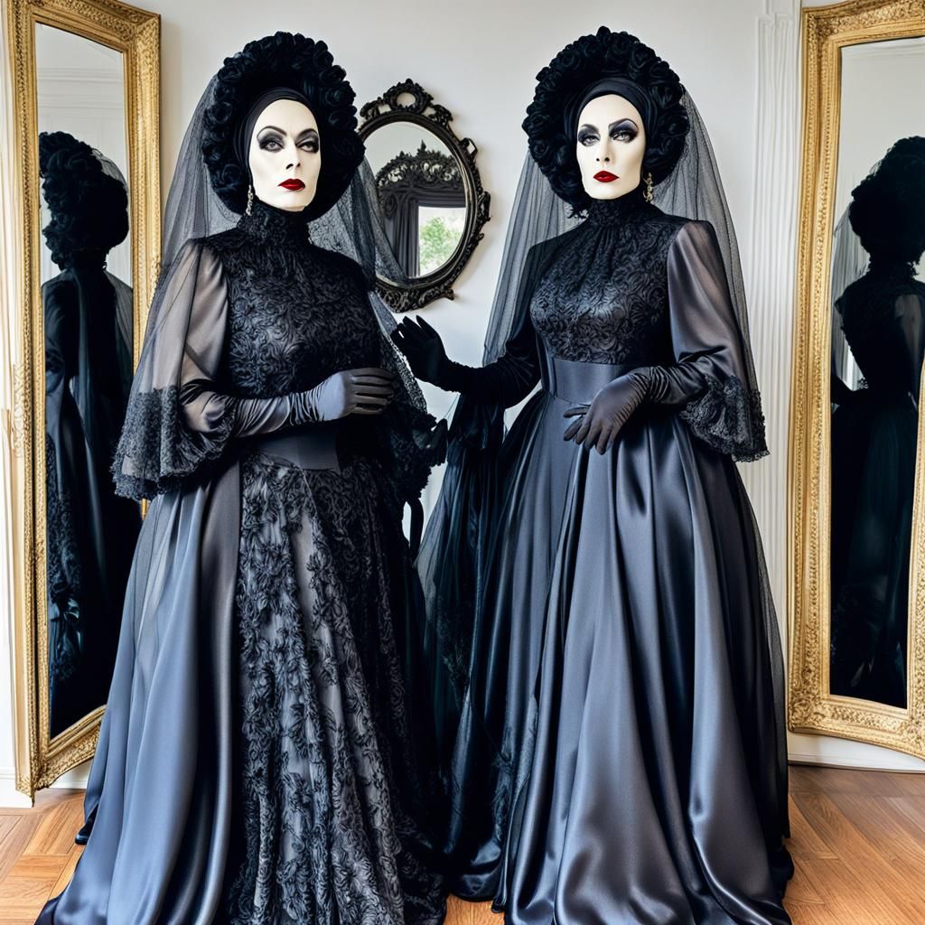 Black Satin Couture: Veiled Drag Queen in Victorian Gown