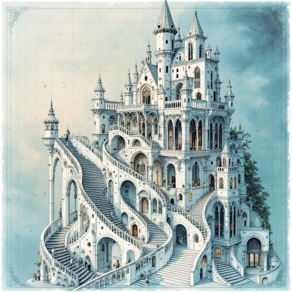 Dreamlike Castle with Impossible Staircases in Gothic Reviva...