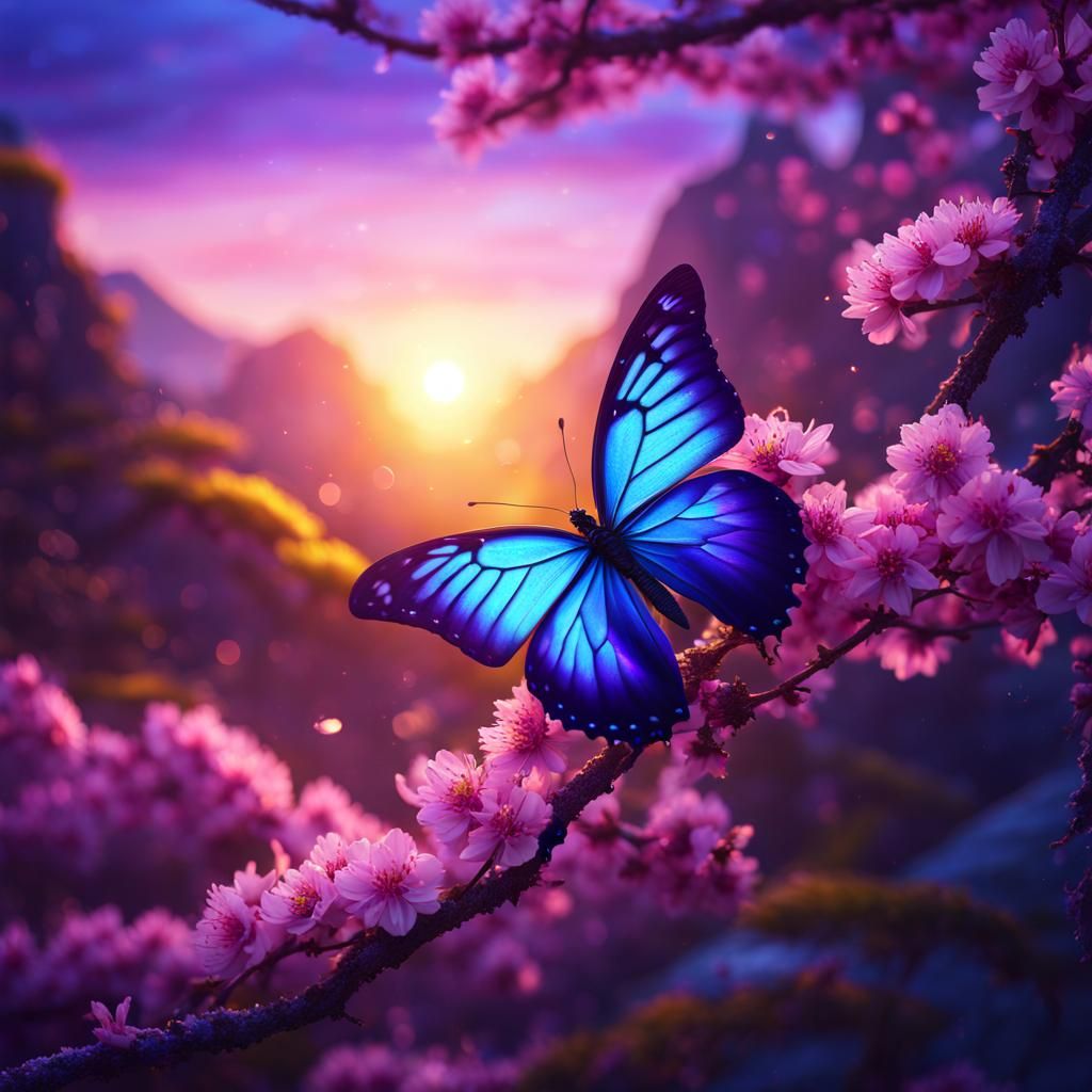 Mythical Butterfly in Chinese Landscape at Sunset