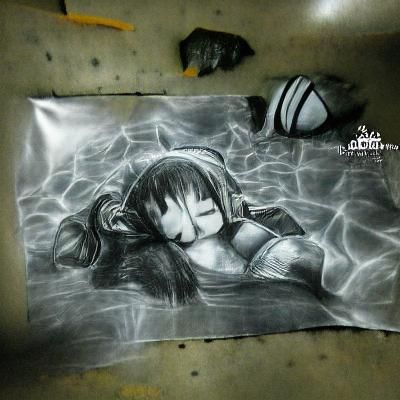 Anime Charcoal Drawing of Girl Sleeping Underwater