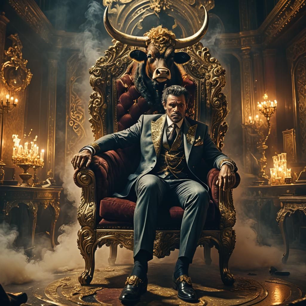 Cow Mafia Boss on Throne, Fantasy Concept Art