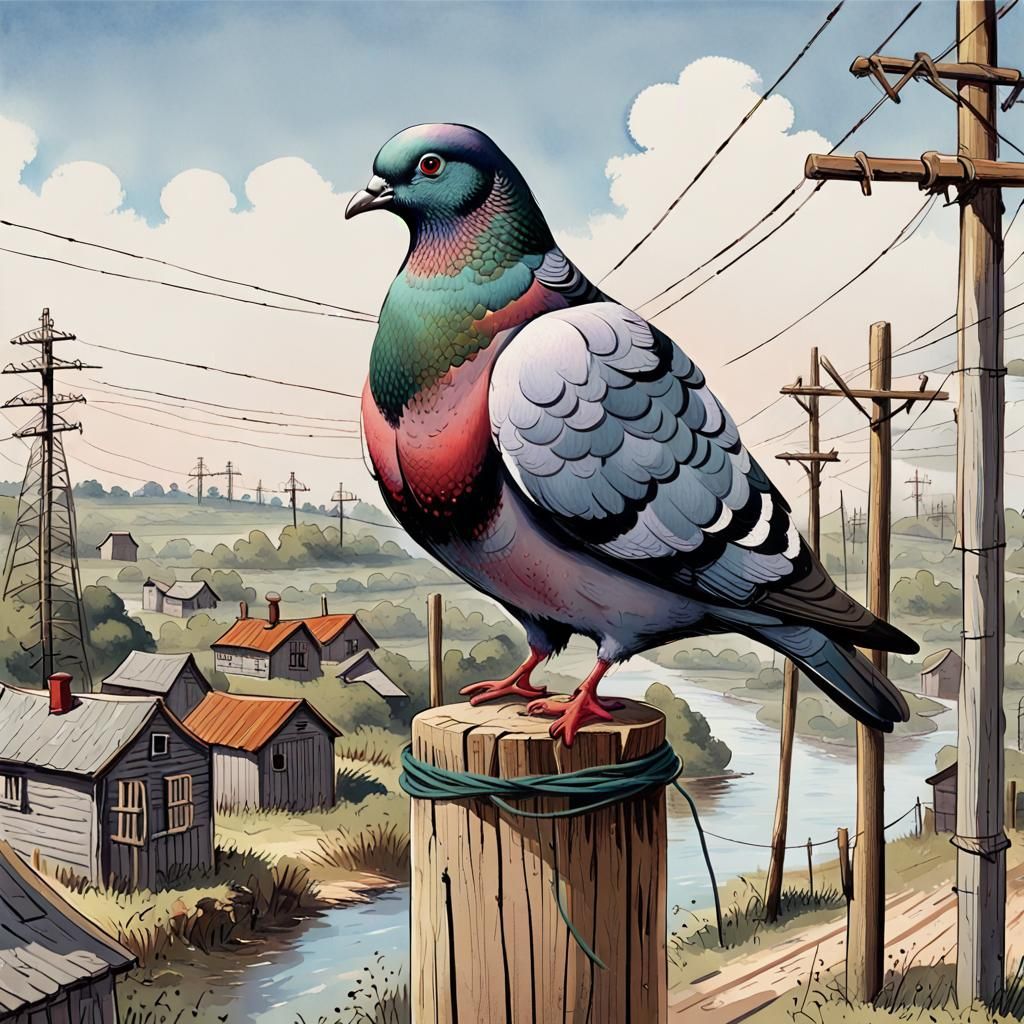 Colorful Pigeon on Telegraph Pole Illustration