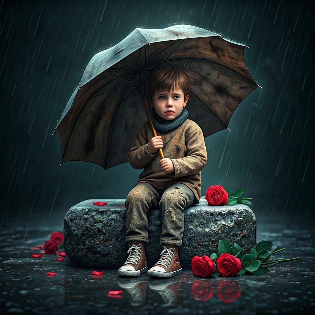 Boy with Umbrella in Winter Rain, Fluxus Art