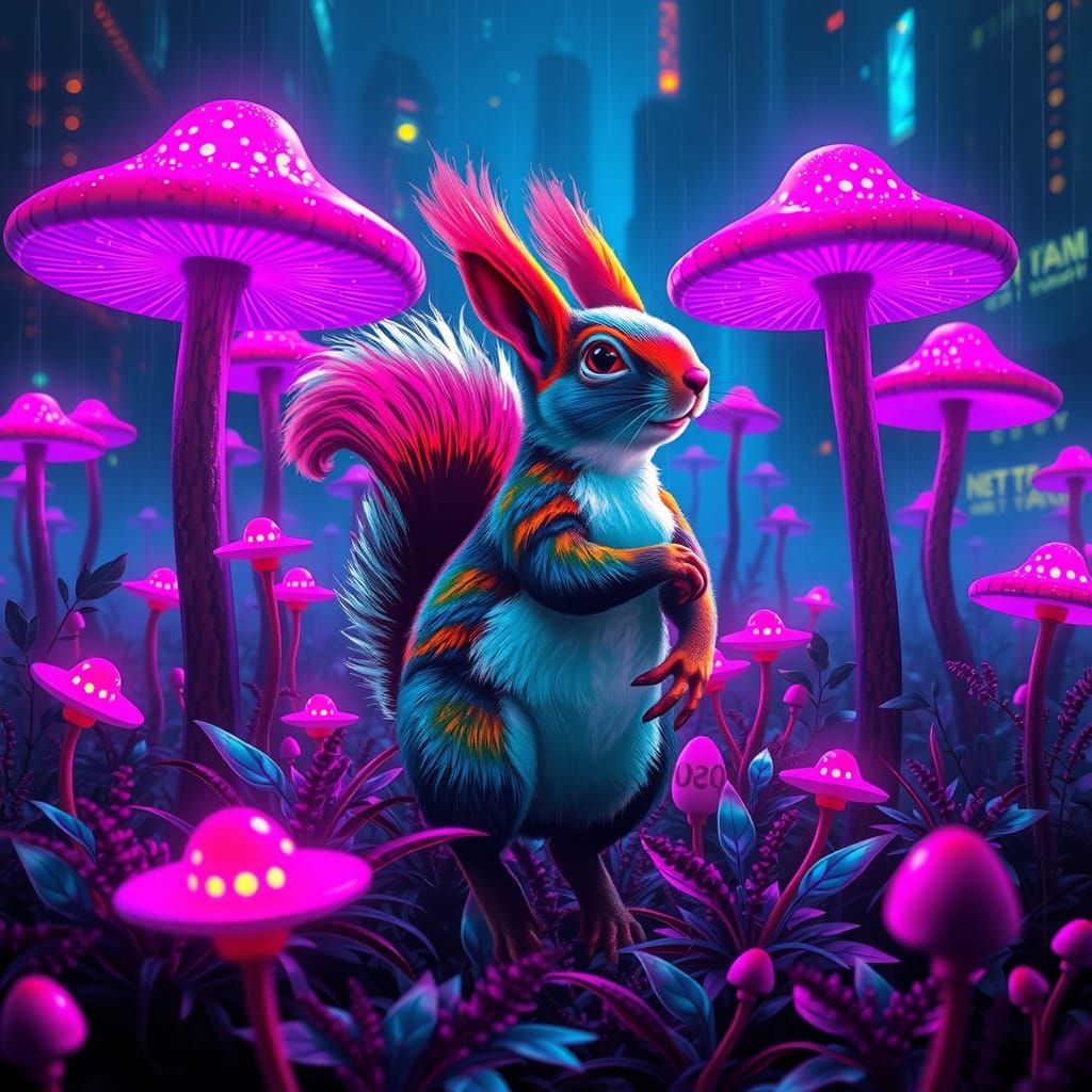 Cyberpunk Squirrel in Neon Mushroom Field