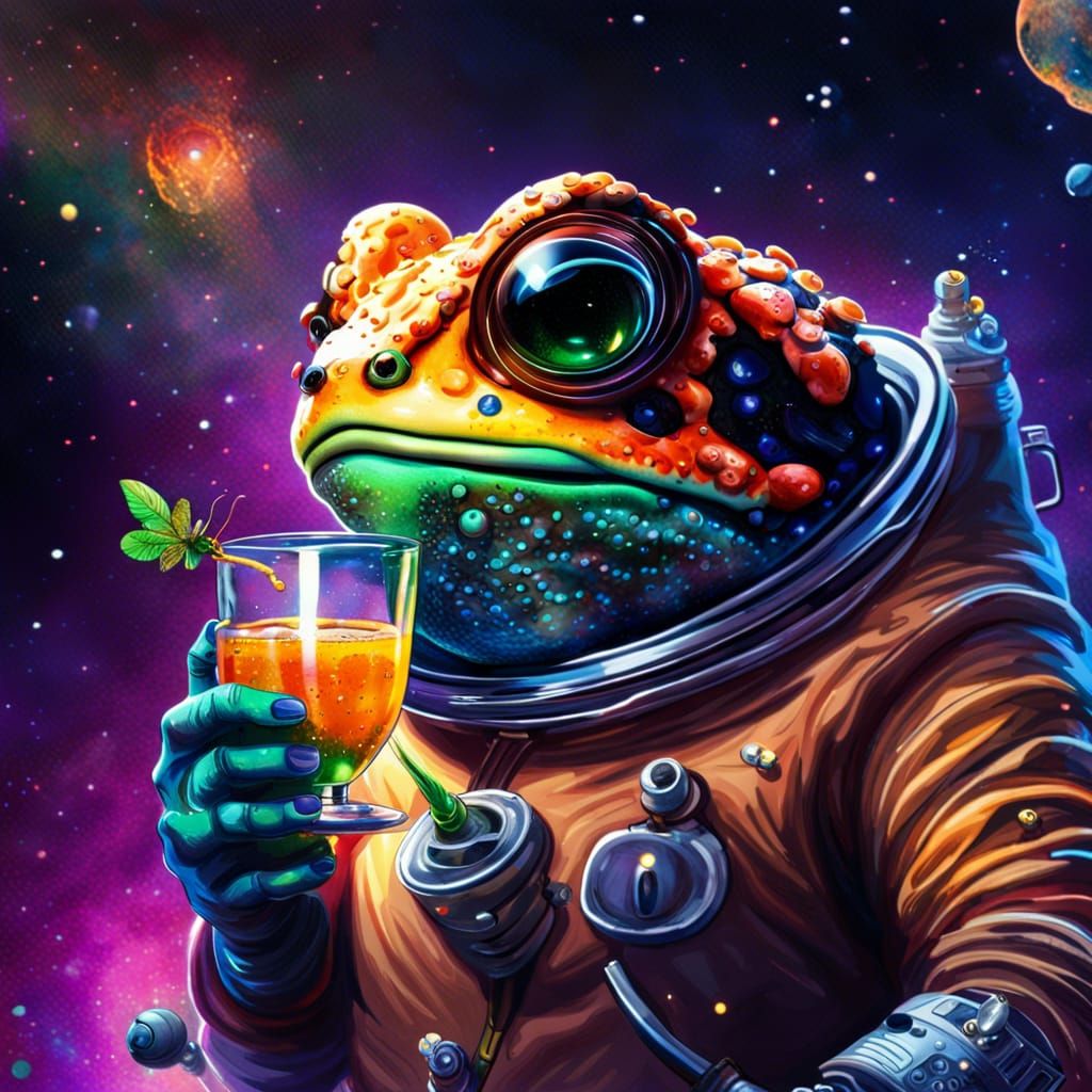 Toad Astronaut Cheers with Cocktail in Space