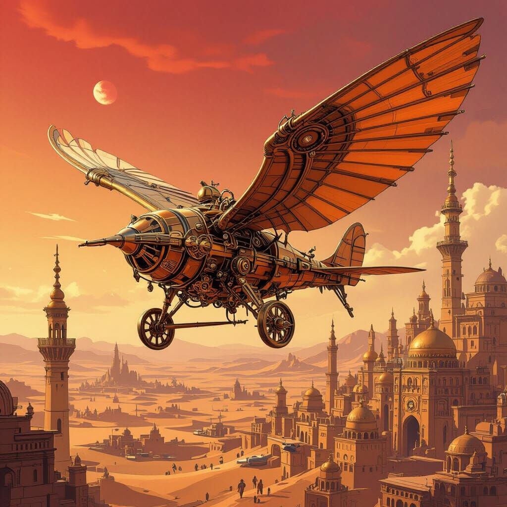 Steampunk Ornithopter Soaring Above Desert City