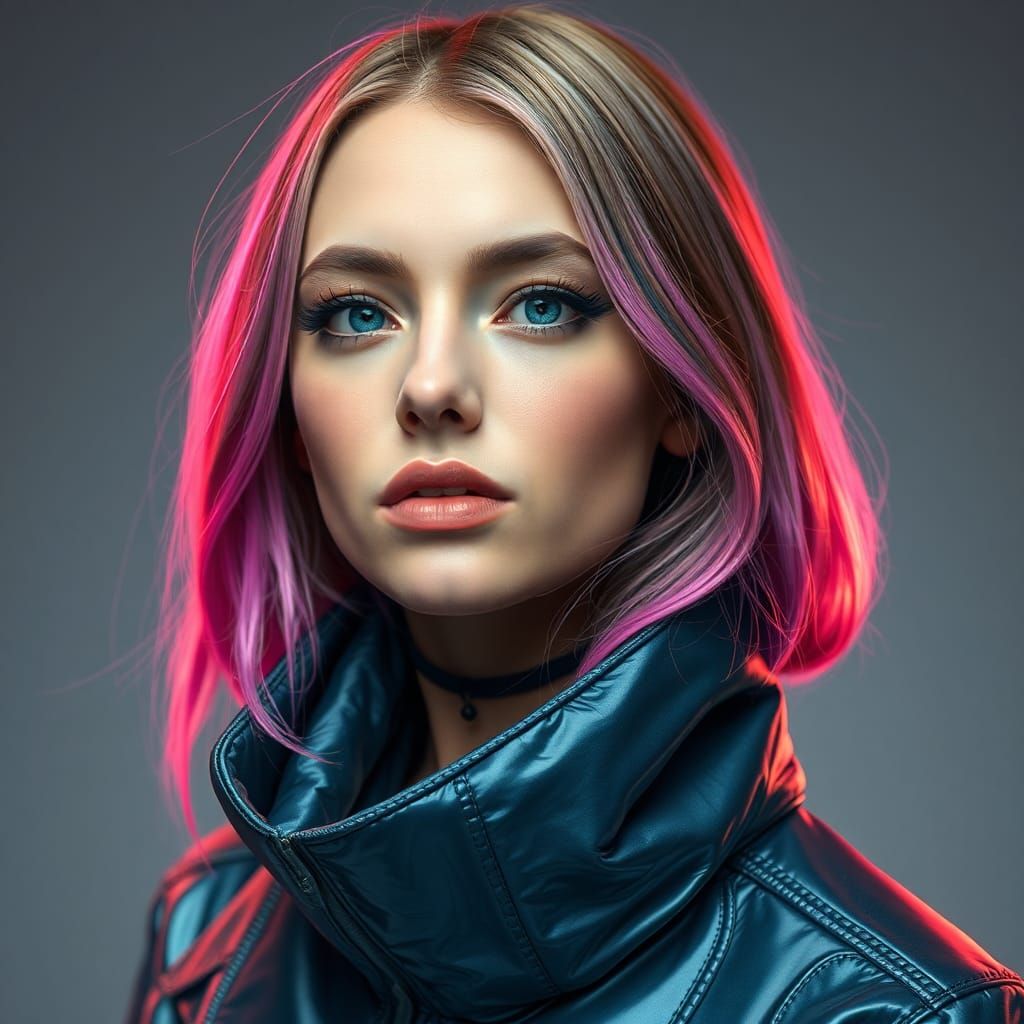Hiperrealistic Portrait of Woman in Colorful, Futuristic Att...