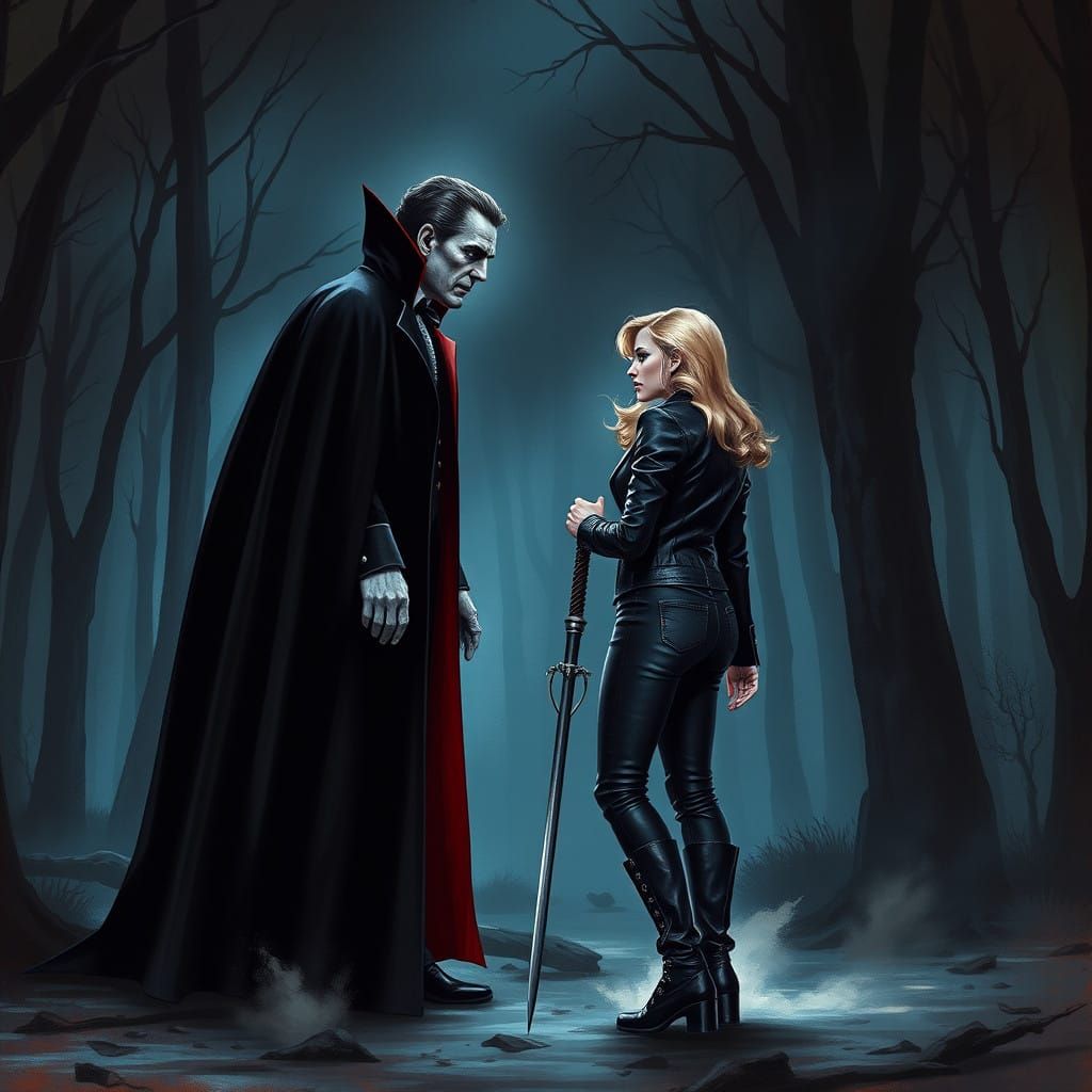 Dracula Confronts Buffy in a Dark, Gothic Landscape