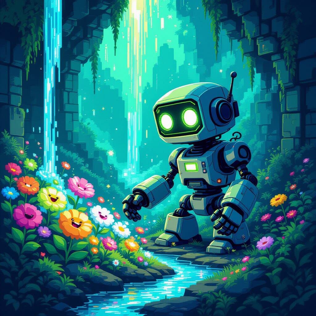 Pixel Art Robot Gardener in Digital Oasis