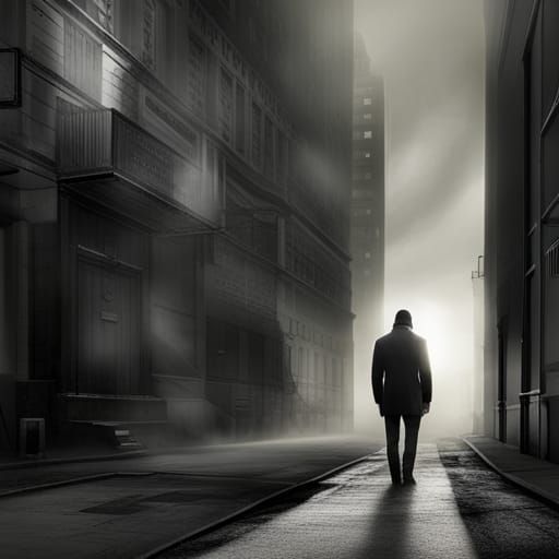 Spy in Shadows on Foggy Street