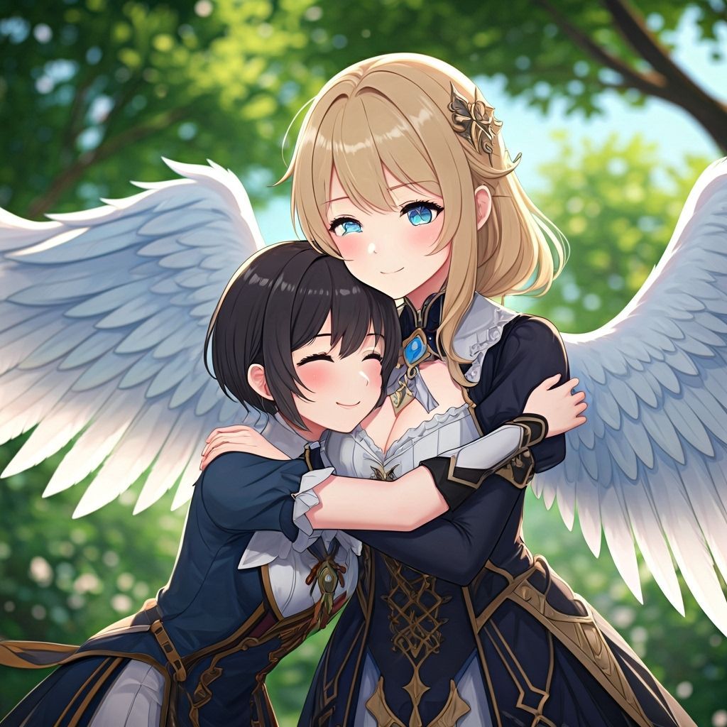Two Women Embrace in Park, 3D Anime Art