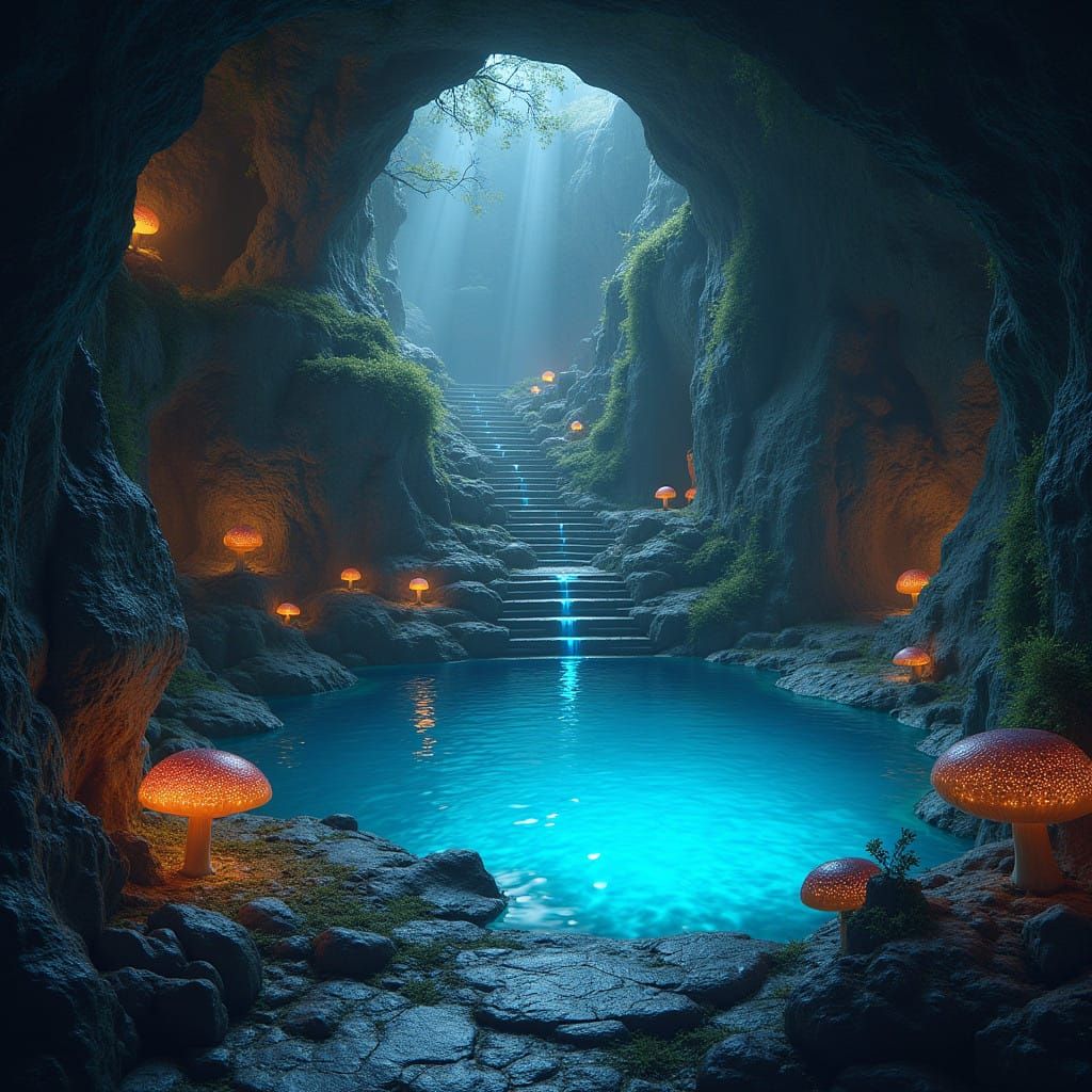 Mystical Cave Pool Scene in Fantasy Art Style