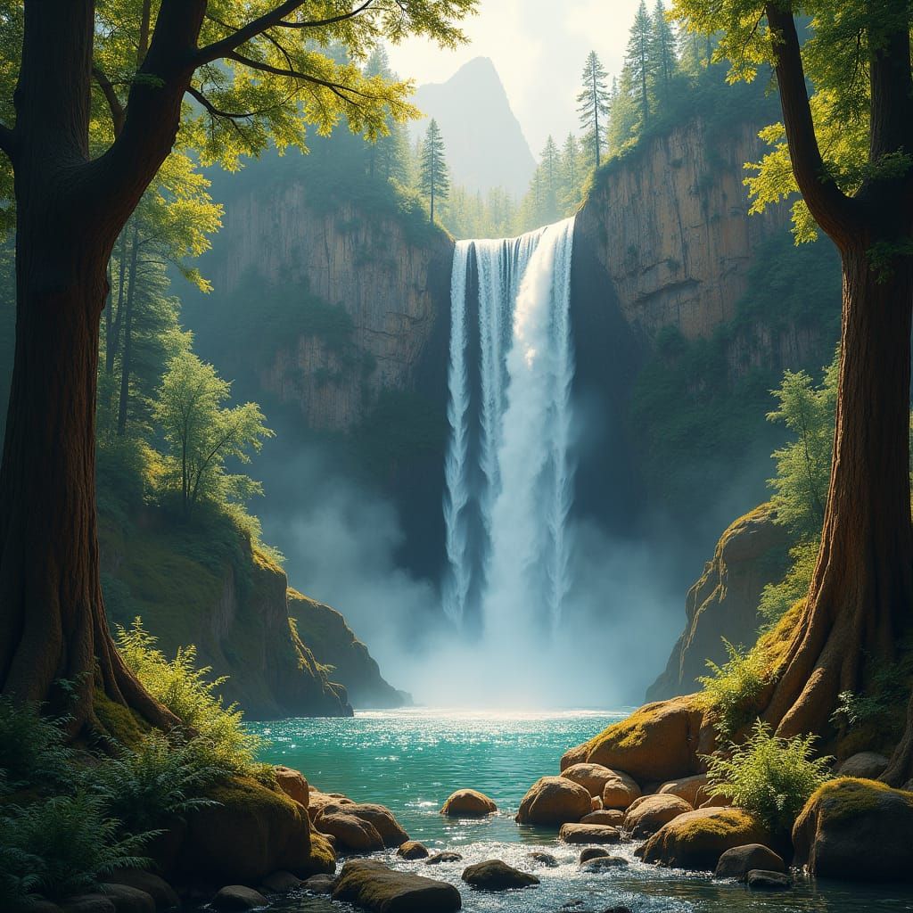 Majestic Waterfall in Sunlight: 19th Century Landscape