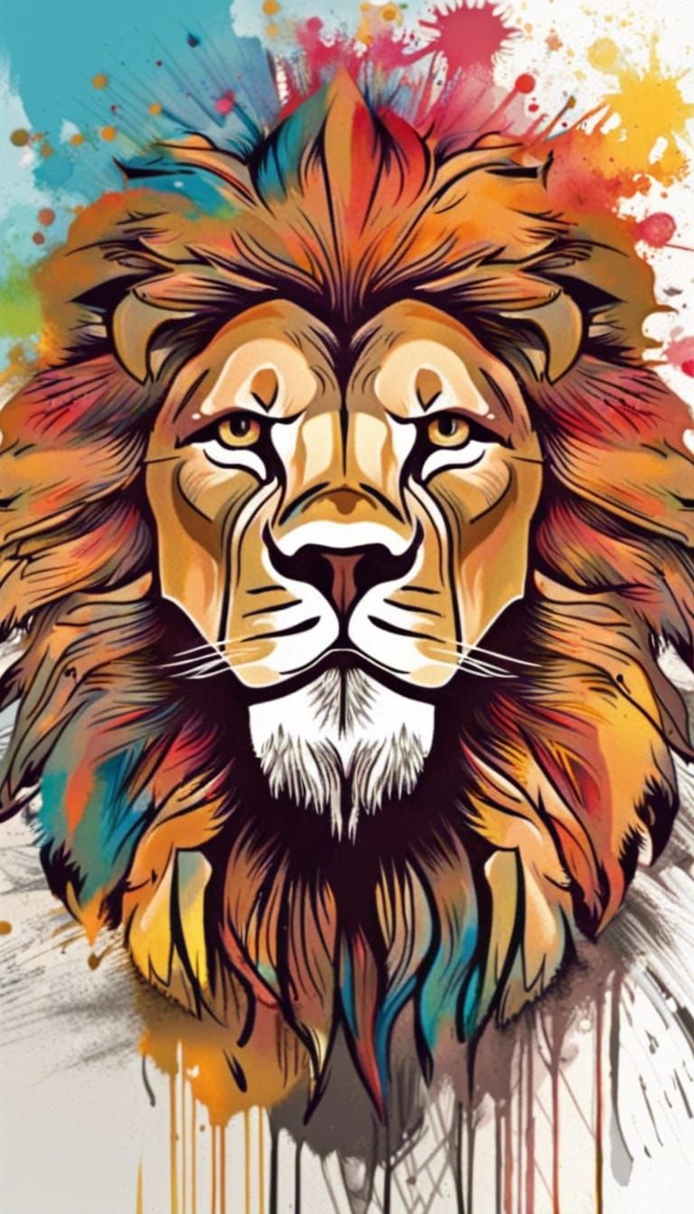 Colorful Lion Head in Splash Paint Style