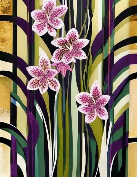 Orchid Collage with Impasto and Striped Background