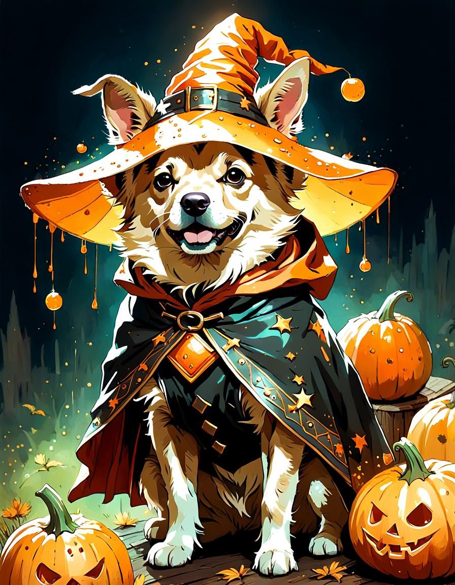 Golden Bullherd Dog in Witch Costume Digital Art