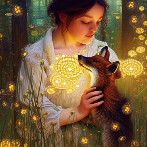 Child and Fox Celtic Knot Portrait in Dark Fantasy Style