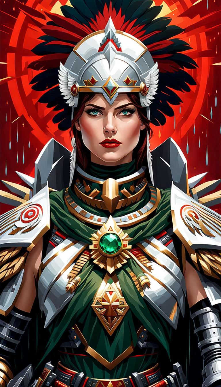 Cybernetic Knight with Aztec Headdress in Pixel Art