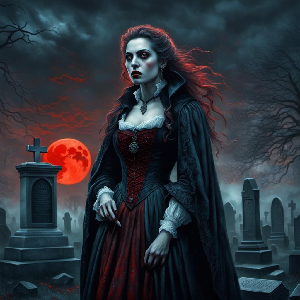 Portrait of a Young Female Vampire on a graveyard
