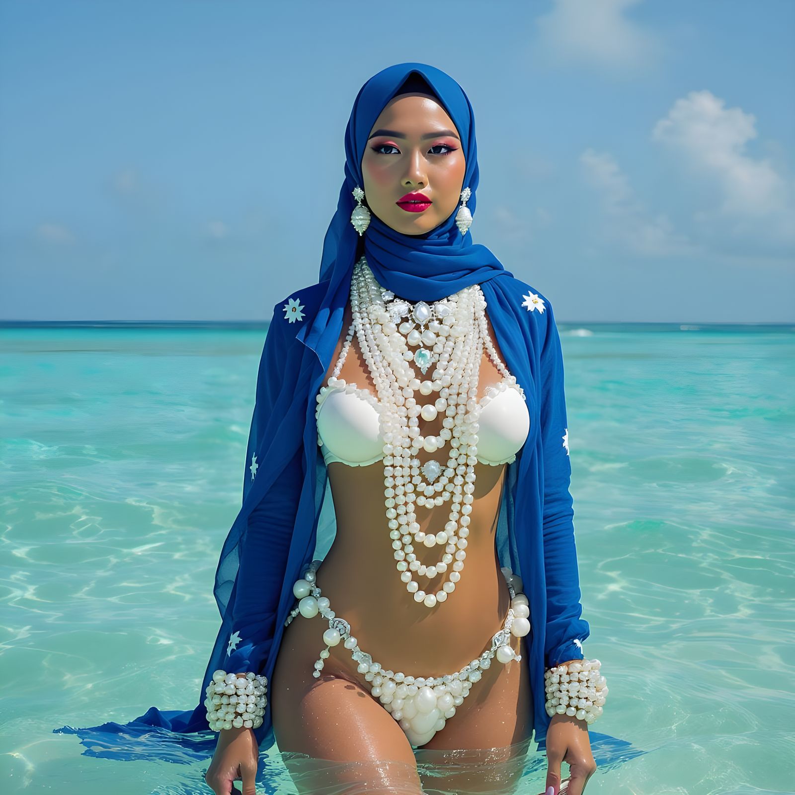 Elegant Asian Woman in Pearl Bikini, Mucha-Inspired