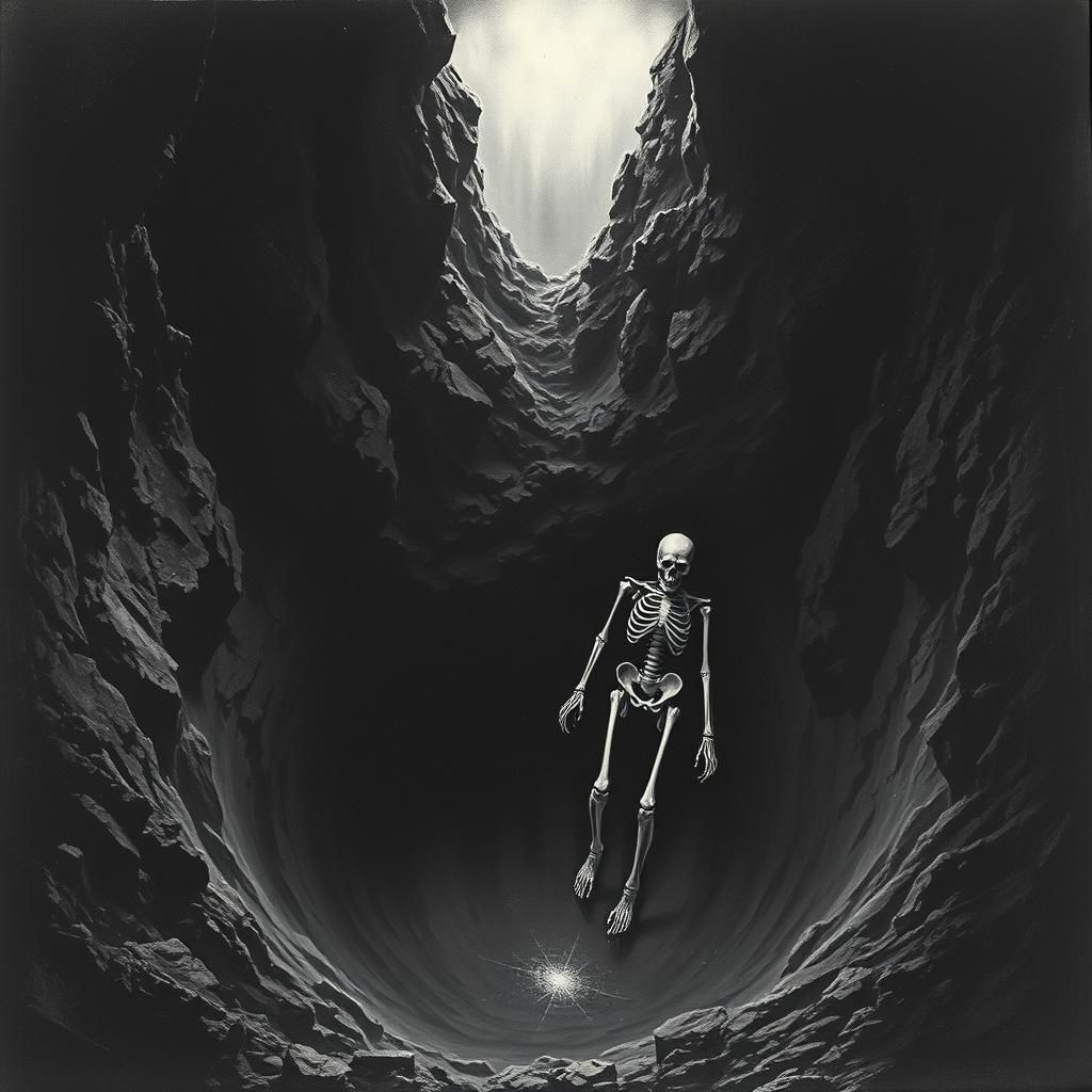 Eerie Skeletal Figure in Dark Pit