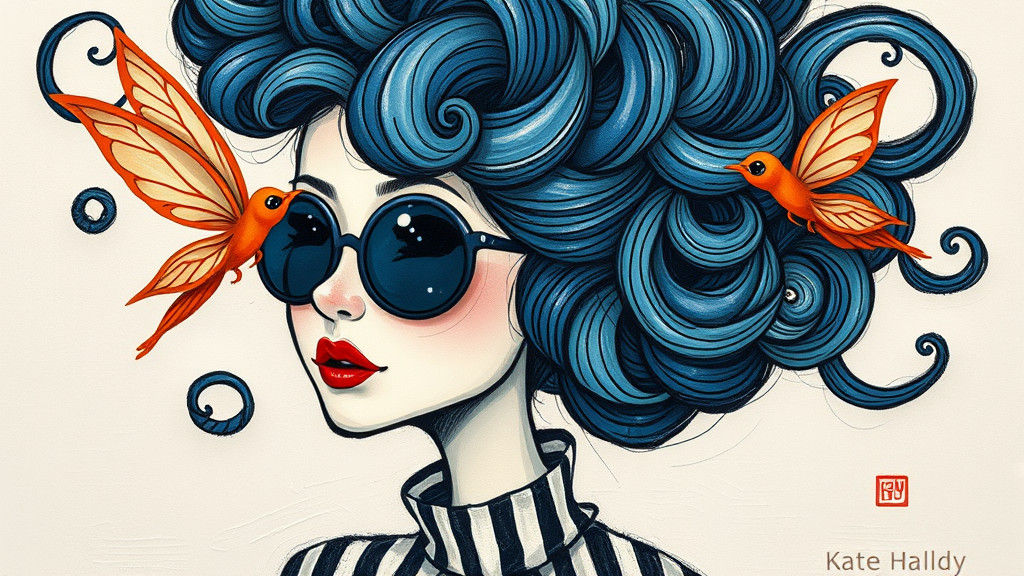 Whimsical Woman with Fairy in Naive Art Style