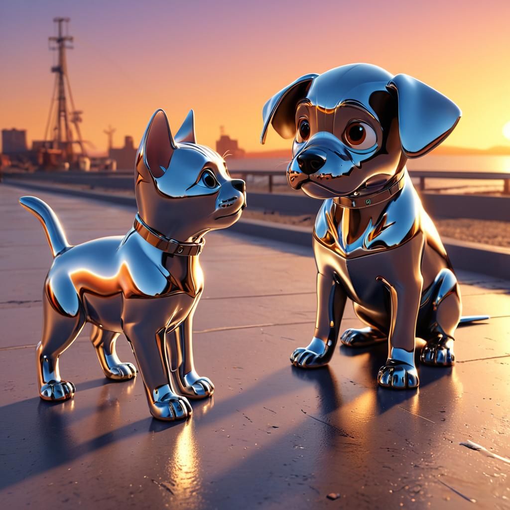 Chrome Puppy and Cat at Sunset: Pixar-Style 3D Render