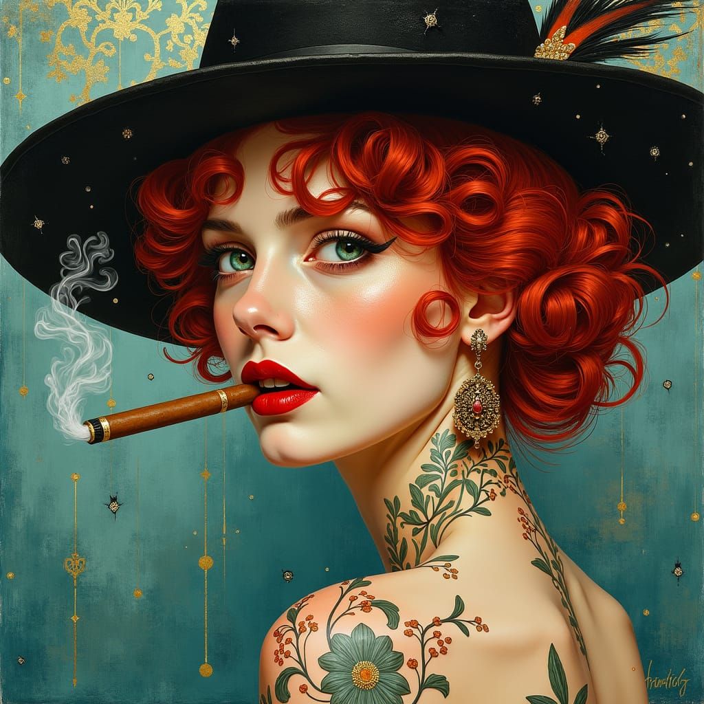 Tattooed Beauty with Crimson Hair in Klimt-Inspired Art