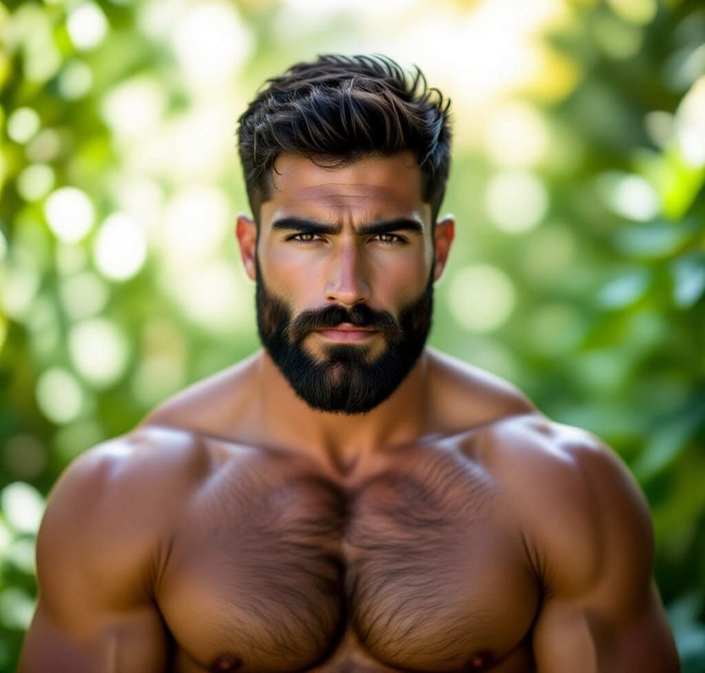 Muscular Spanish Man in Garden: Cinematic Still