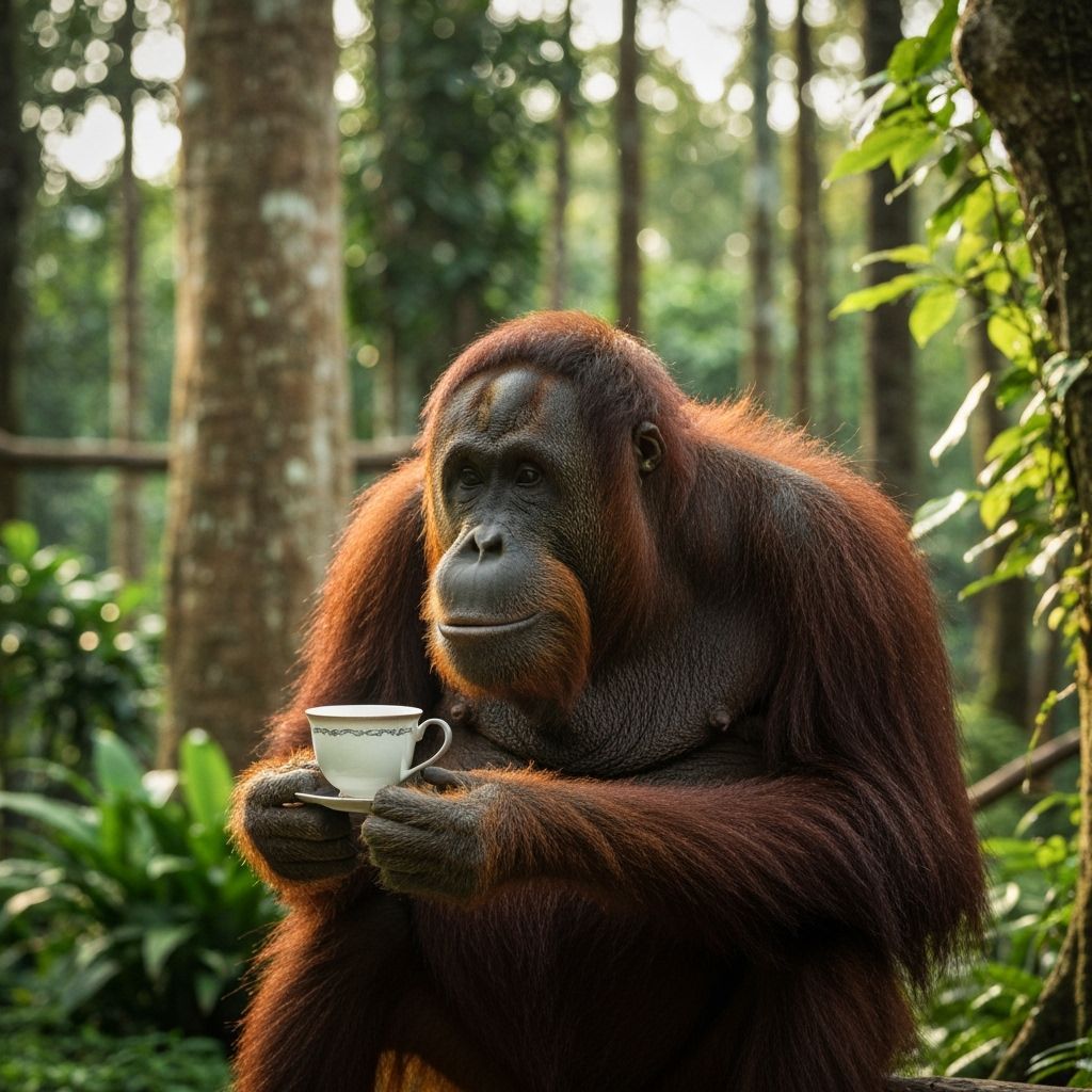 Photorealistic Orangutan Enjoying Tea in Sanctuary