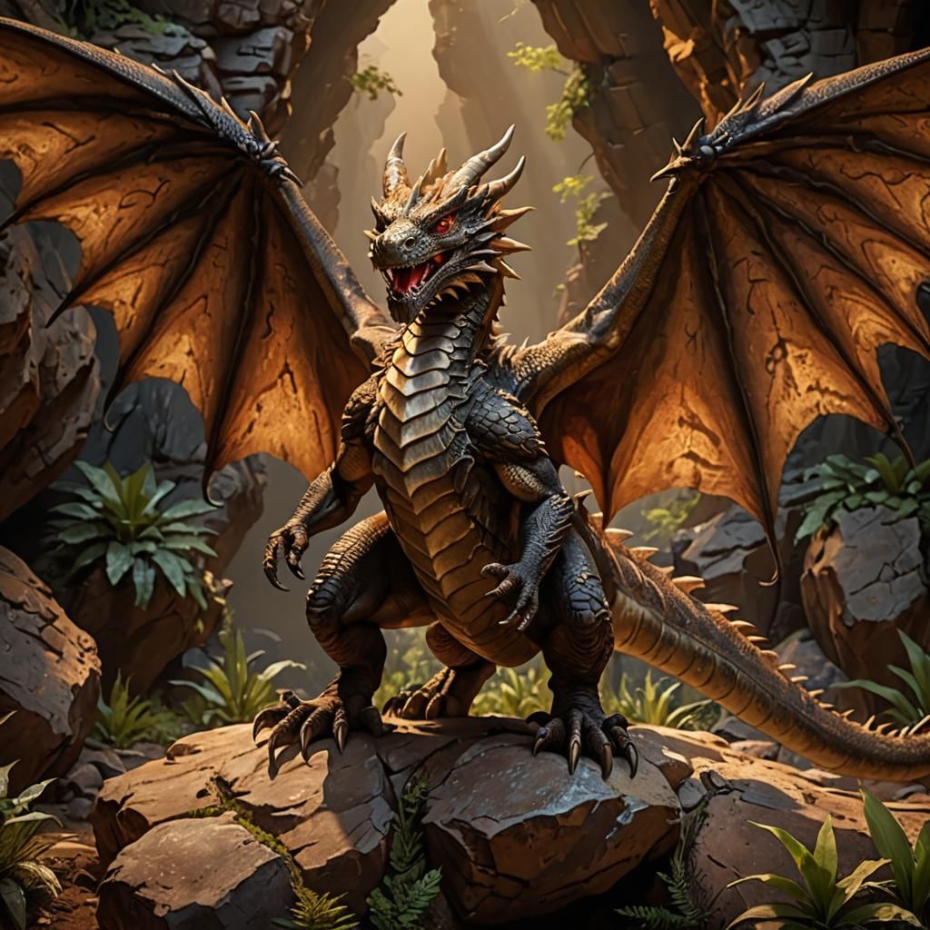 Majestic Brown Dragon Roaring in Cave, Digital Art