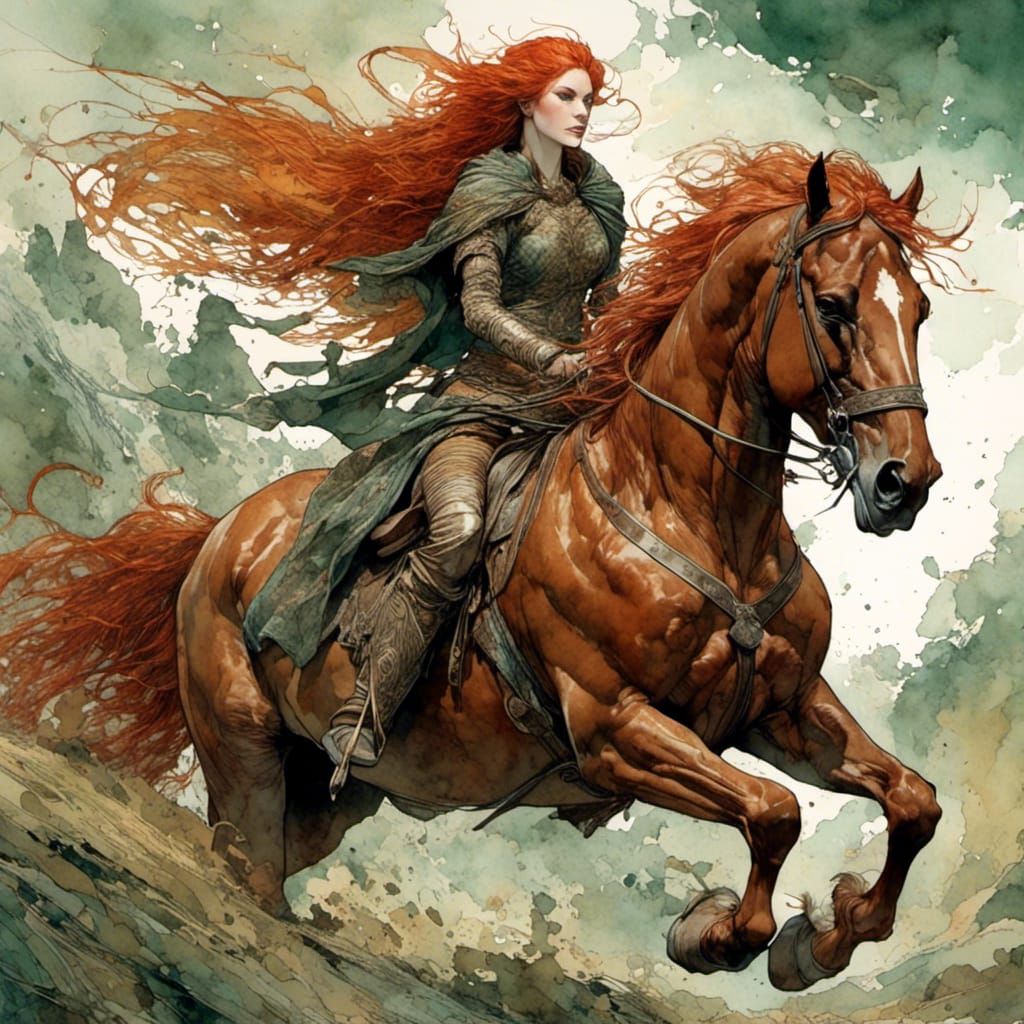 Redhead Warrioress on Horse in Dark Fantasy Style