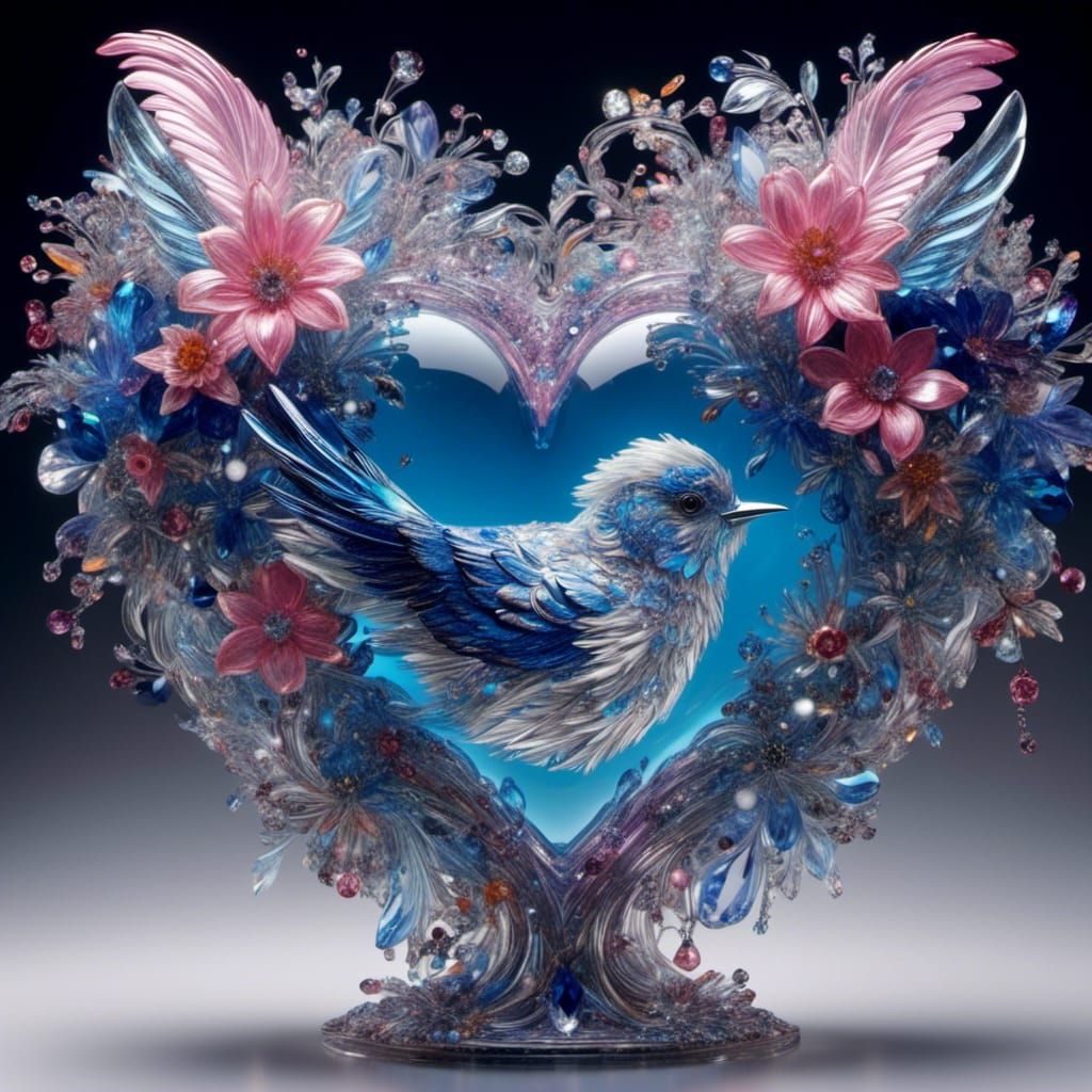 Crystal Heart with Bluejay in Decoupage Art Style