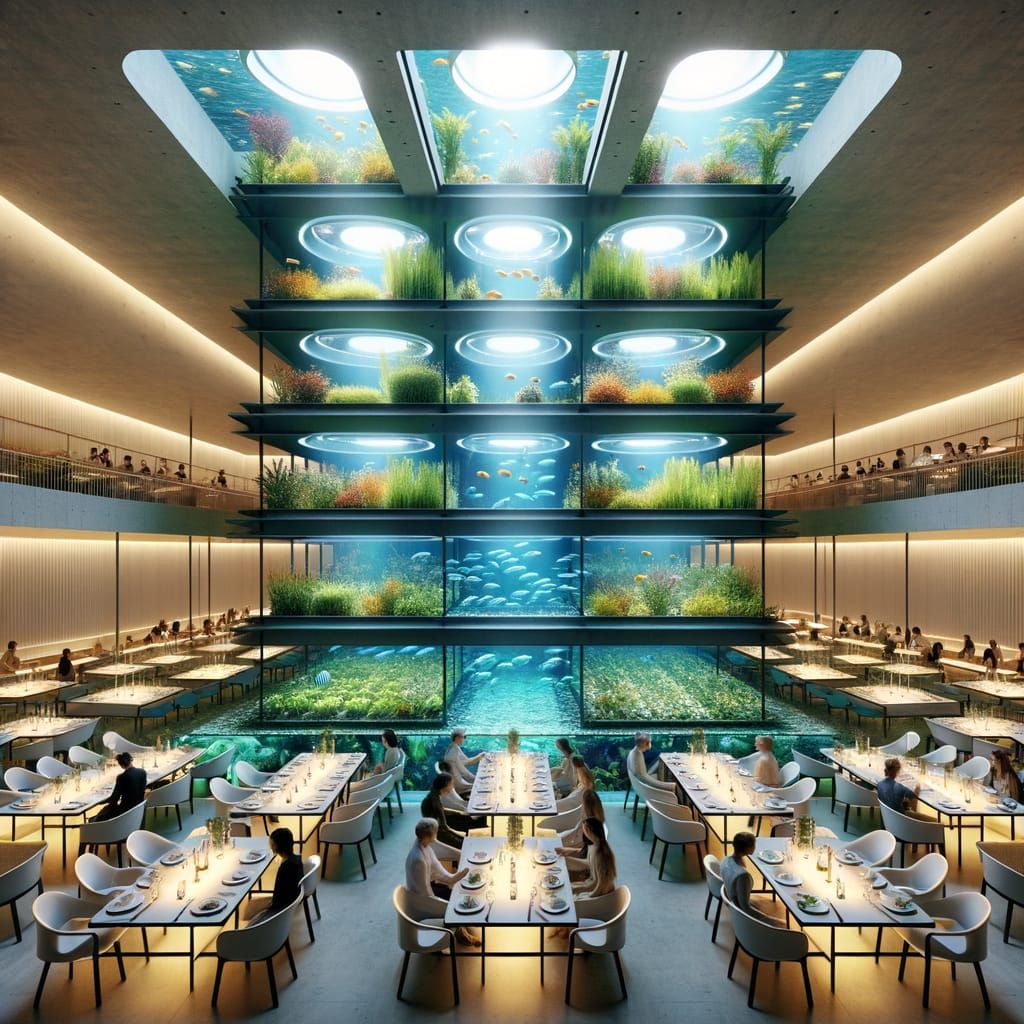 Modern Restaurant Overlooking Underground Greenhouse and Fis...