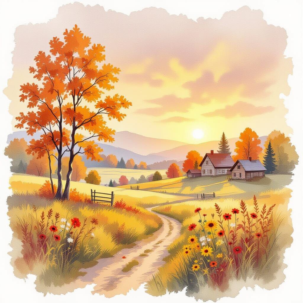 Watercolor Autumn Leaf with Golden Landscape