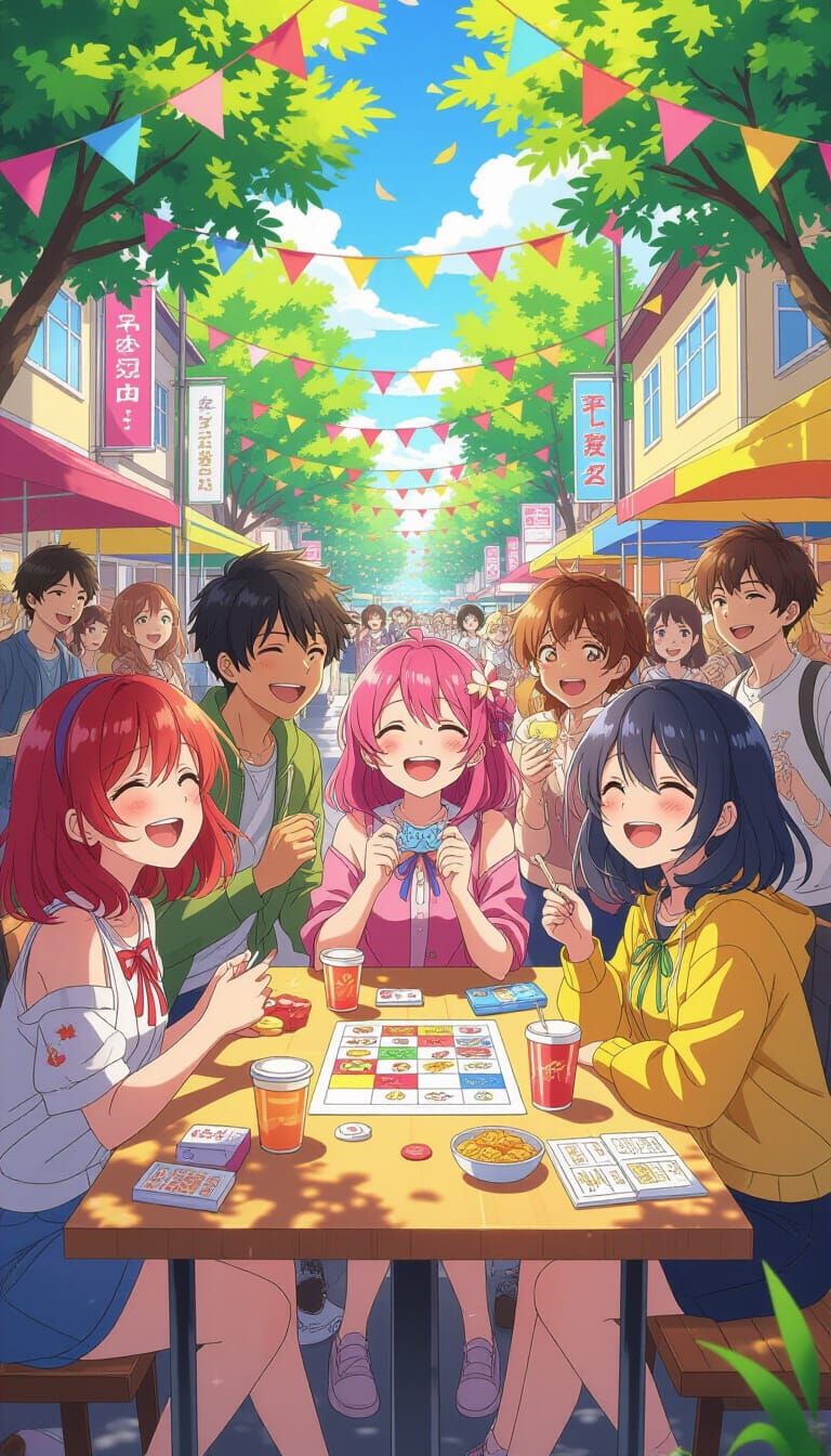 Joyful Anime Characters Play Games at Vibrant Festival