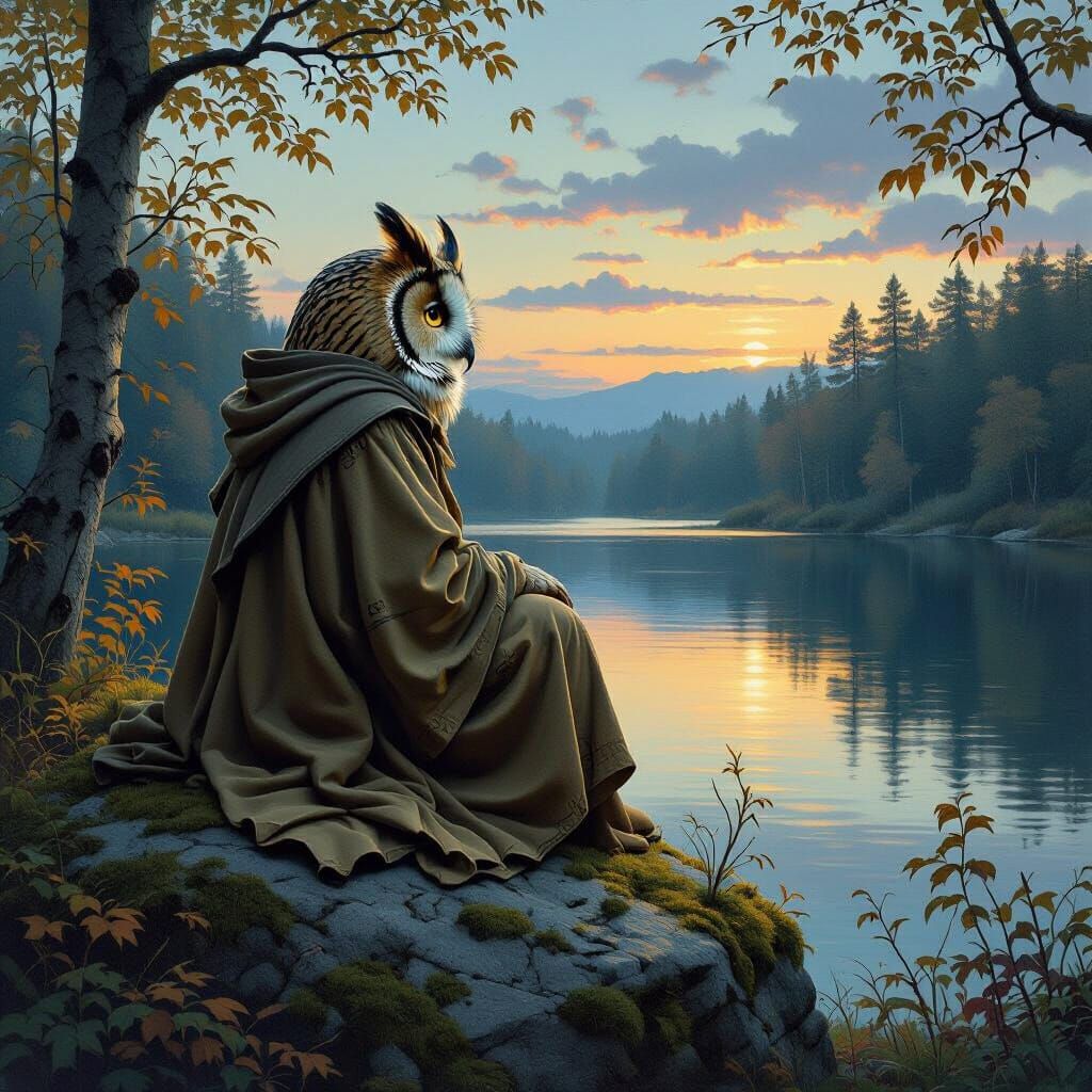 Wise Owl Overlooking Lake, Oil Painting Style