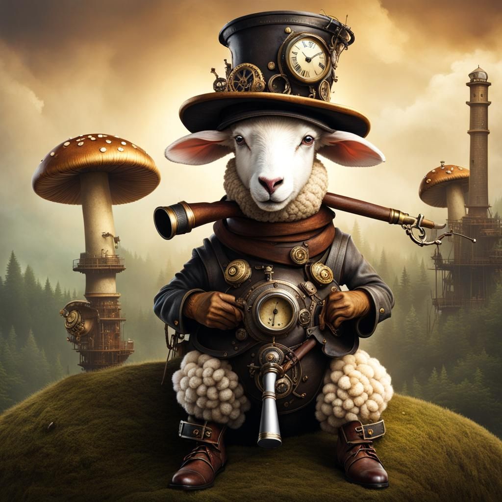 Steampunk Sheep Smoking Pipe on Mushroom