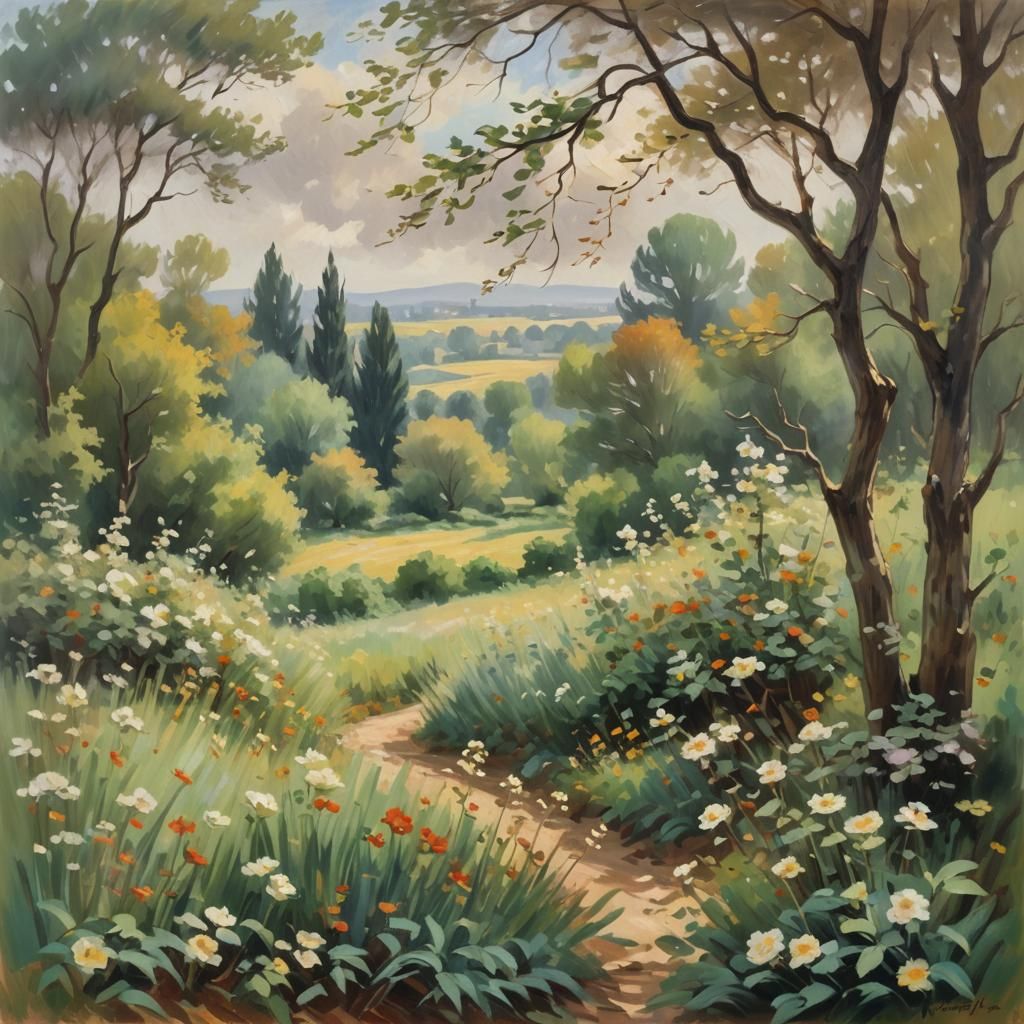 Windy Rural Landscape Painting in Impressionist Style