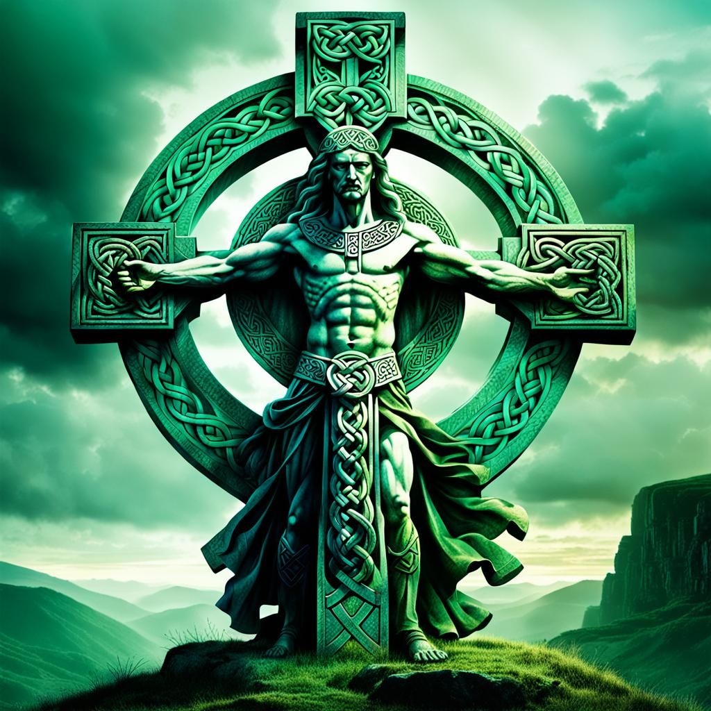 Celtic Cross Double Exposure: Warrior and Mythology