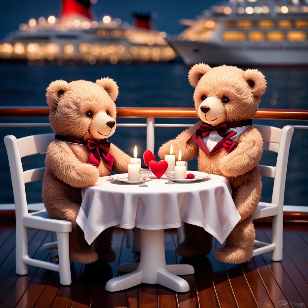 Romantic Teddy Bears Enjoying Valentine's Dinner at Sea